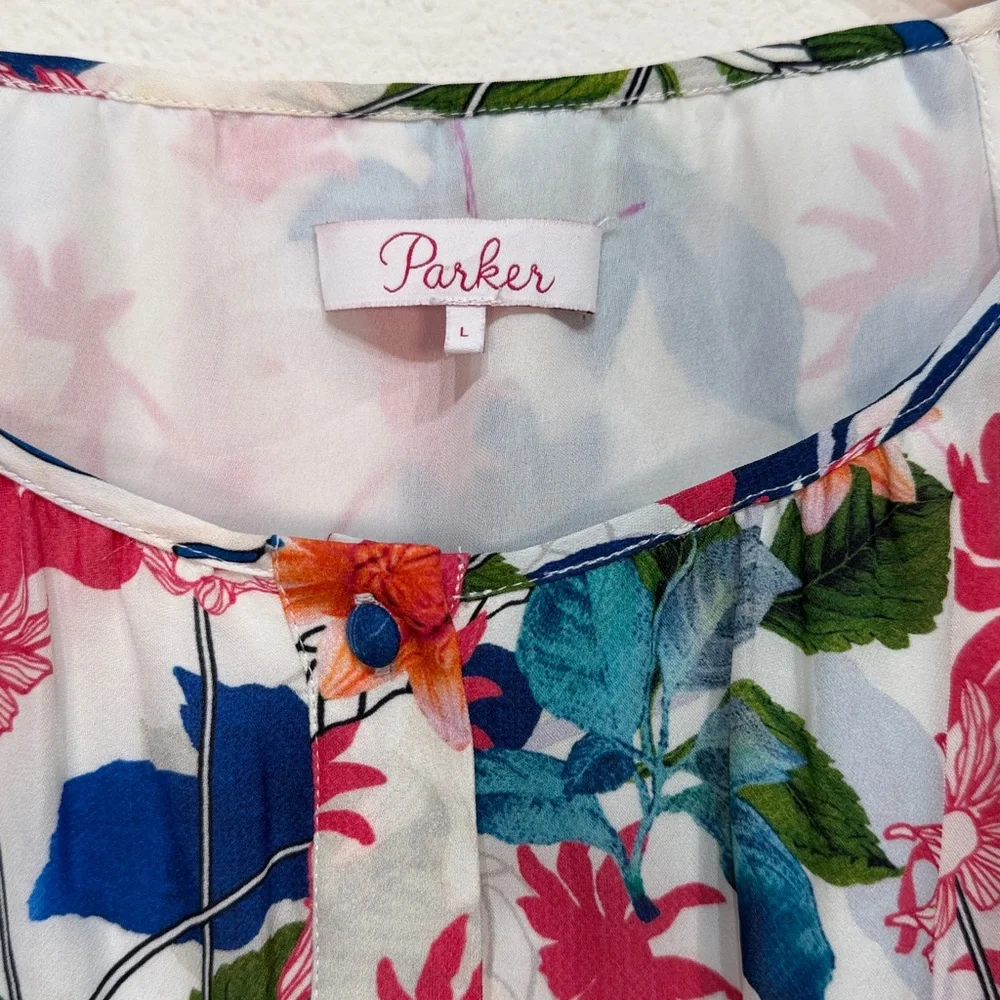 Parker White Floral Smocked Peplum Short Sleeve Top button down size large - Picture 3 of 4